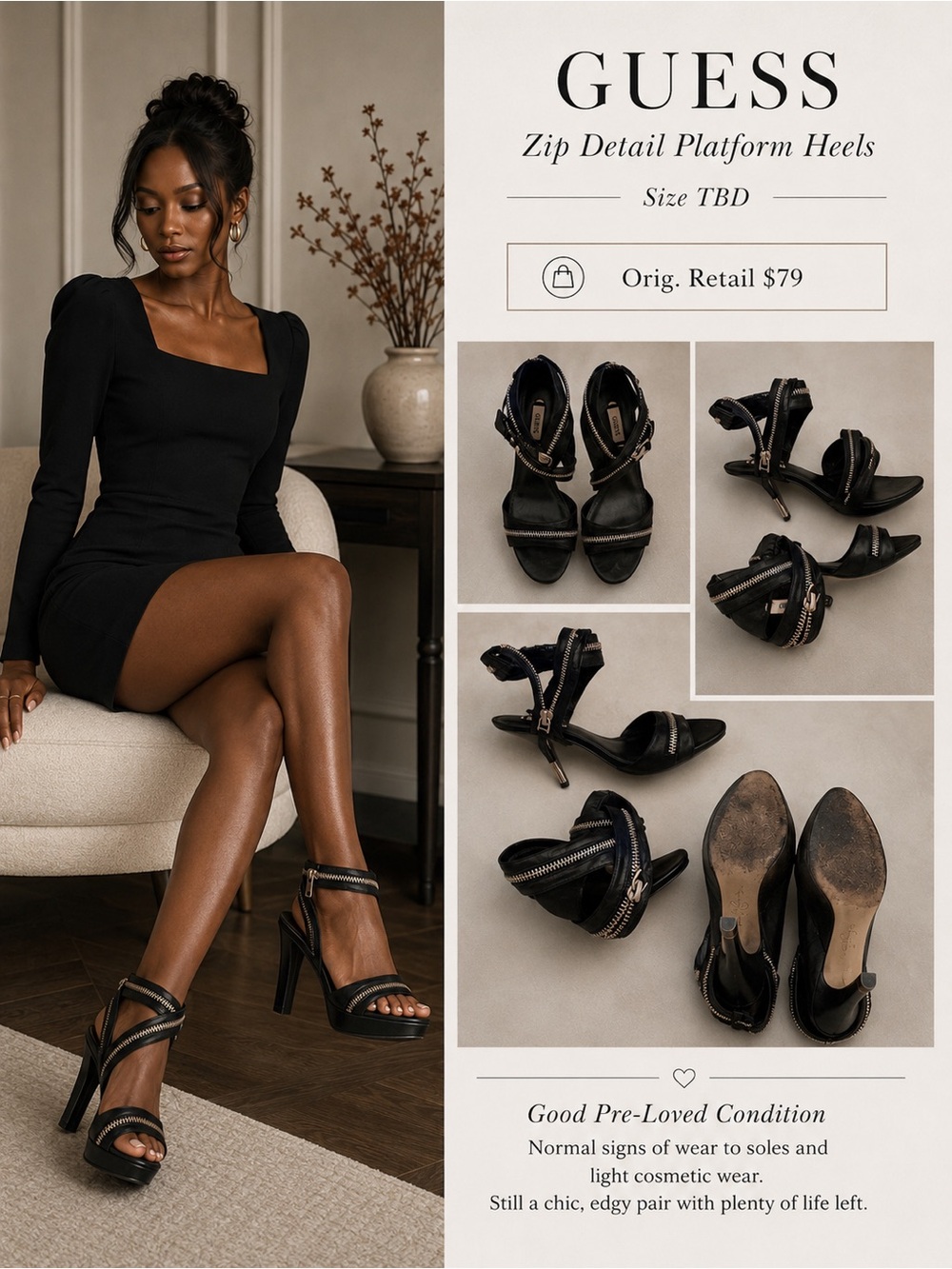 GUESS Black Zip-Accent Platform Heels